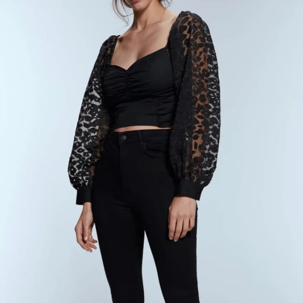 Zara Contrasting Organza Cropped Top Black Sz S